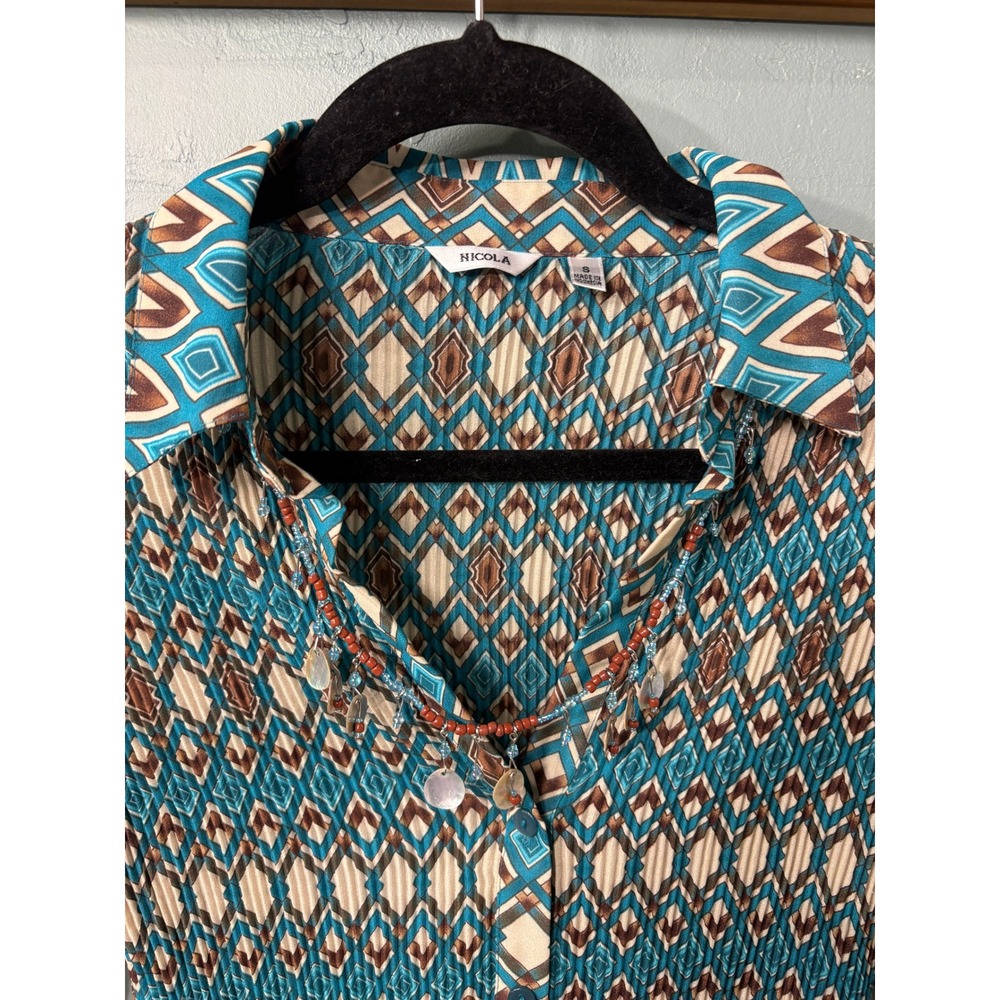 Free‑Spirit GypsyTeal Geometric Button Up Blouse Beaded Shell Charms Size S - Picture 5 of 9